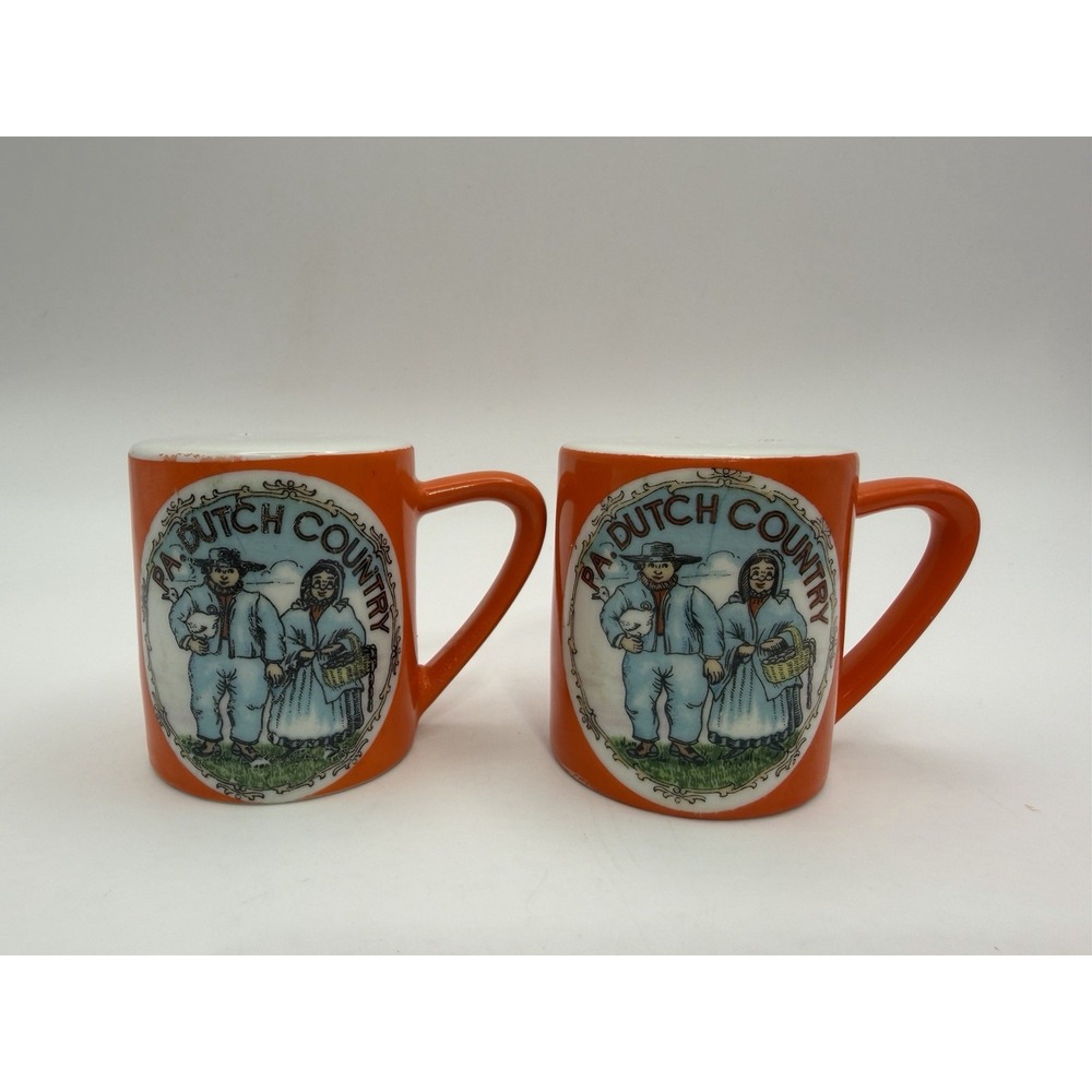 Vintage PA Dutch Country Mug Shaped Salt & Pepper Shakers Amish Couple Orange